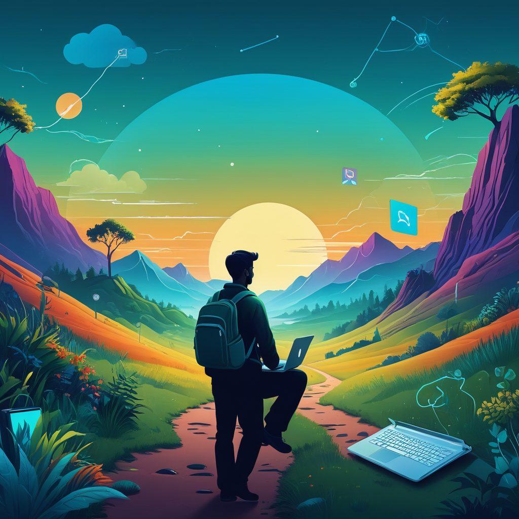 A vibrant and dynamic digital landscape filled with stylized icons representing blogging tools, such as a laptop, notebook, and social media symbols. The background should depict a colorful gradient of blues and greens, symbolizing growth and technology. Include a winding path leading through this landscape, guiding a silhouette of a person navigating towards a bright horizon. Illustrate this scene with a modern, illustrative art style that captures the essence of creativity and exploration. super-realistic. vibrant colors. 3D.