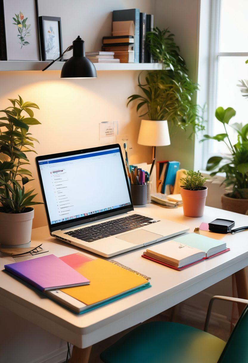 A vibrant, inviting workspace filled with colorful stationery, an open laptop with a blank document, and a light bulb symbolizing creative ideas above it. Surround the desk with inspiring books and plants to evoke a sense of calm and motivation. Use a soft, warm lighting to create an inviting atmosphere. super-realistic. vibrant colors. white background.