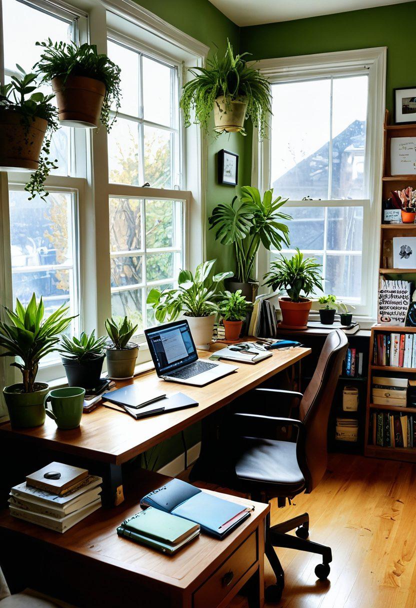 A cozy and vibrant writer's space with a warm wooden desk, scattered notebooks, and colorful stationery. A window with sunlight streaming in, surrounded by potted plants adding a green touch. Inspirational quotes on the wall and a comfy armchair, inviting creativity. Elements of a blog like a laptop and coffee mug, creating a nurturing environment for writers. bright colors. cozy atmosphere. natural light.